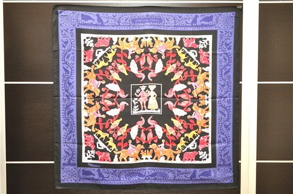 Authentic HERMES Carre 90 Scarf "EARLY AMERICA" Silk Black Box 3942D