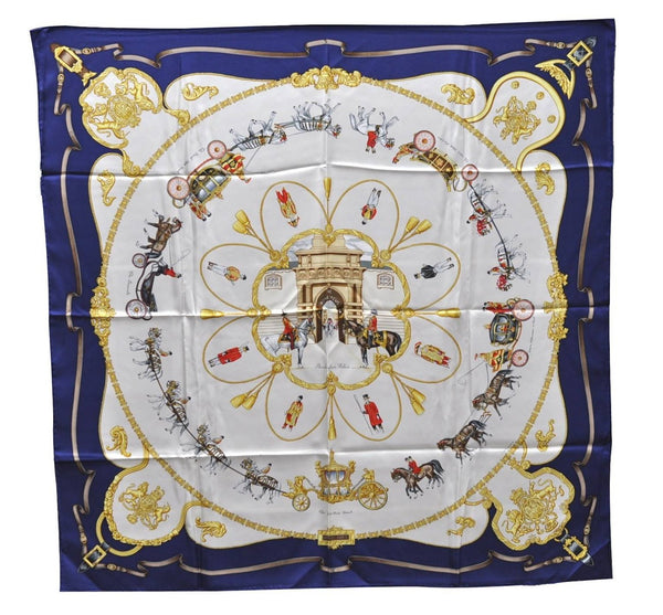 Authentic HERMES Carre 90 Scarf "THE ROYAL MEWS" Silk Blue 3943D