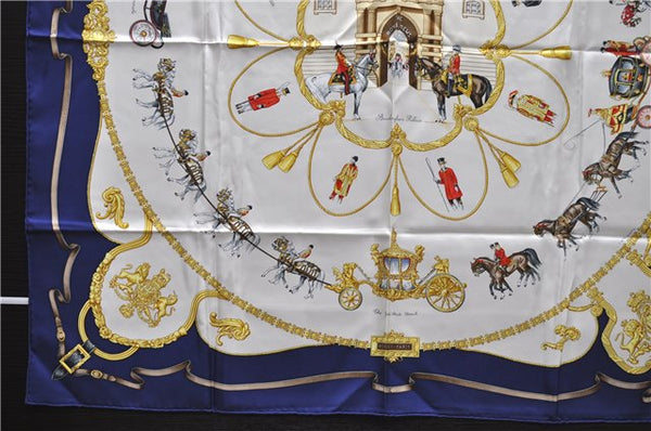 Authentic HERMES Carre 90 Scarf "THE ROYAL MEWS" Silk Blue 3943D