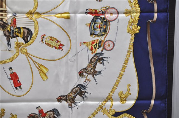 Authentic HERMES Carre 90 Scarf "THE ROYAL MEWS" Silk Blue 3943D