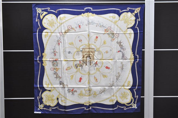 Authentic HERMES Carre 90 Scarf "THE ROYAL MEWS" Silk Blue 3943D