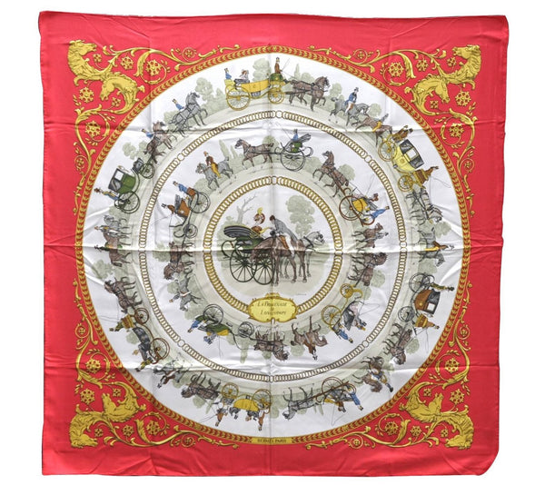 Authentic HERMES Carre 90 Scarf "LA PROMENADE DE LONGCHAMPS" Silk Red 3944D