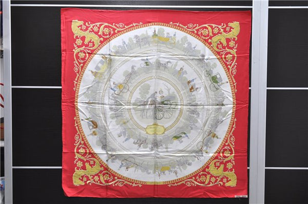 Authentic HERMES Carre 90 Scarf "LA PROMENADE DE LONGCHAMPS" Silk Red 3944D