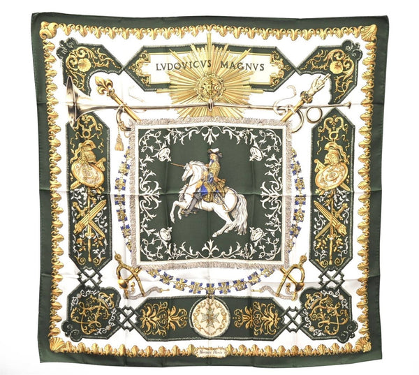 Authentic HERMES Carre 90 Scarf "LVDOVICVS MAGNVS" Silk Green 3945D