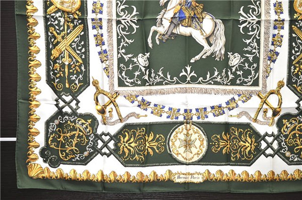 Authentic HERMES Carre 90 Scarf "LVDOVICVS MAGNVS" Silk Green 3945D