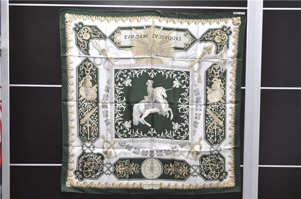 Authentic HERMES Carre 90 Scarf "LVDOVICVS MAGNVS" Silk Green 3945D