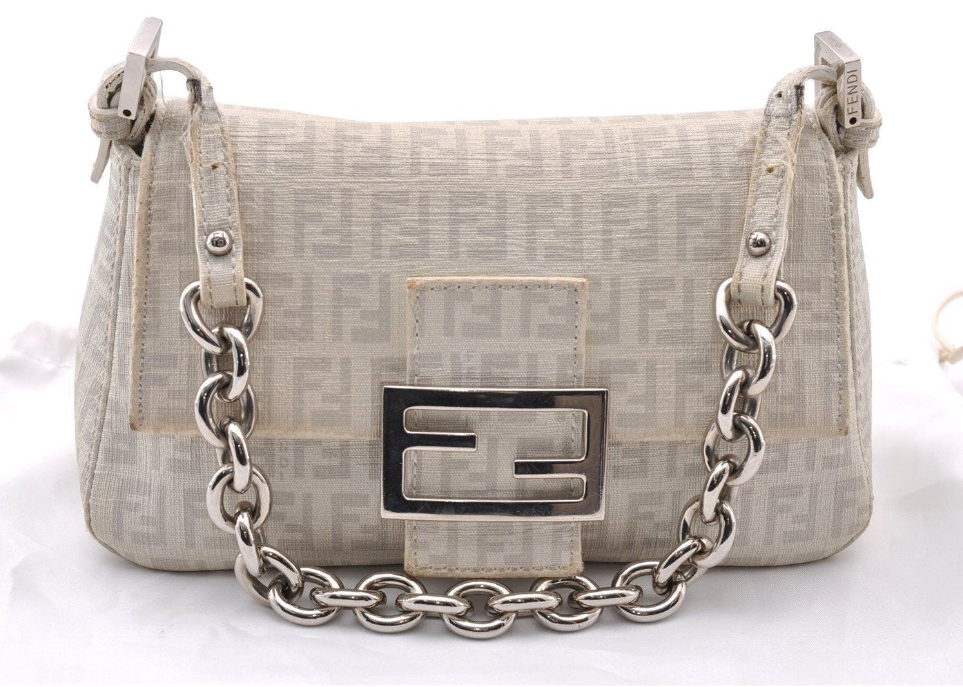 Authentic FENDI Zucchino Mamma Baguette Shoulder Bag PVC Leather White 3946I