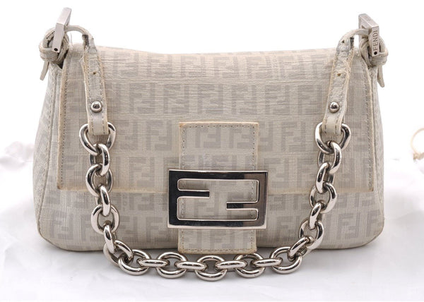 Authentic FENDI Zucchino Mamma Baguette Shoulder Bag PVC Leather White 3946I