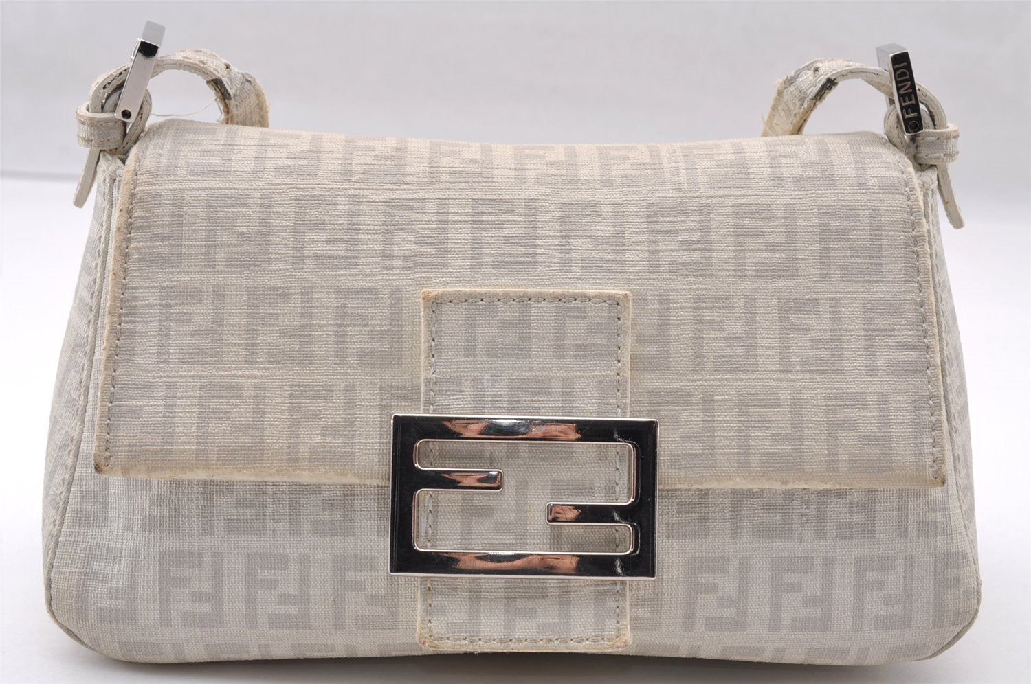 Authentic FENDI Zucchino Mamma Baguette Shoulder Bag PVC Leather White 3946I