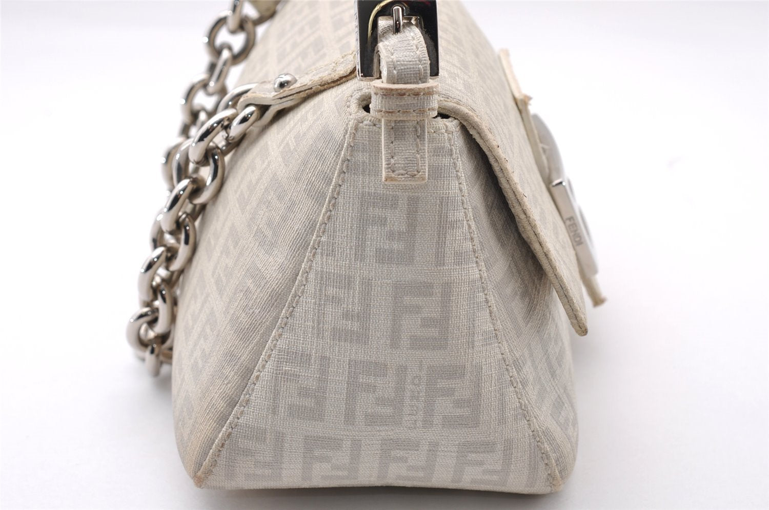 Authentic FENDI Zucchino Mamma Baguette Shoulder Bag PVC Leather White 3946I