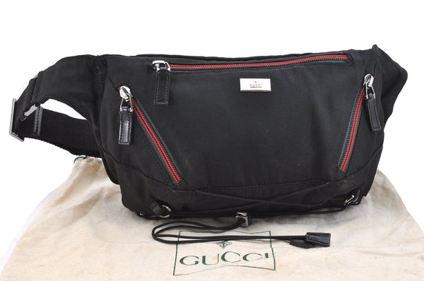 Authentic GUCCI Web Sherry Line Waist Body Bag Nylon Leather 122350 Black 3947I