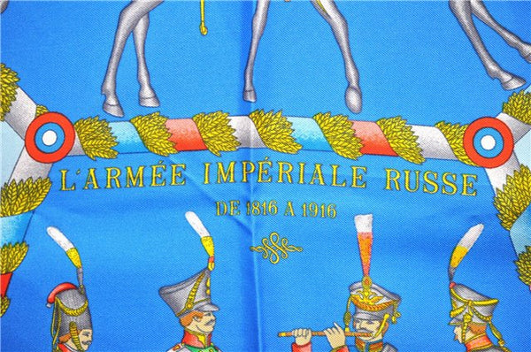 Authentic HERMES Carre 90 Scarf "L'ARMEE IMPERIALE RUSSE" Silk Navy 3951D