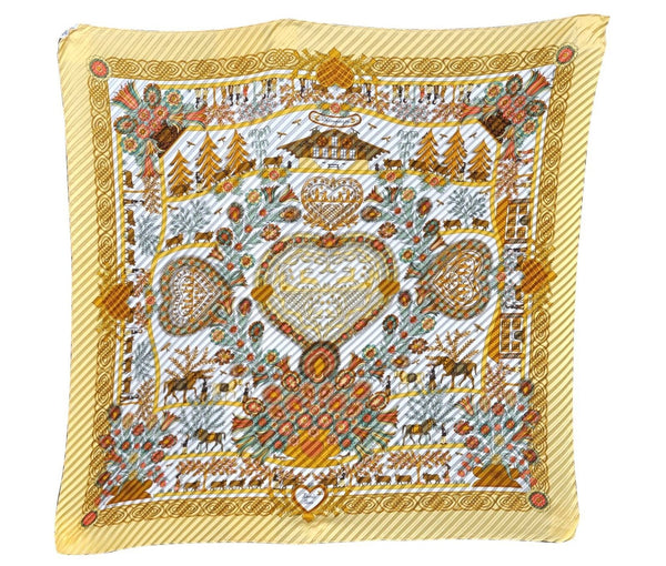 Authentic HERMES Pleats Scarf "Decoupages" Silk Yellow Box 3956C