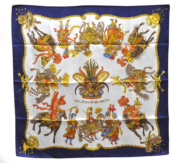 Authentic HERMES Carre 90 Scarf "LES FETES DU ROI SOLEIL" Silk Navy Box 3958D