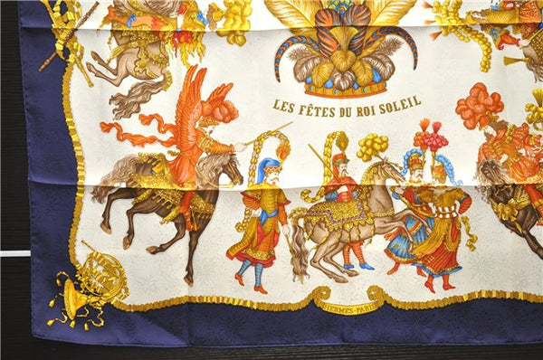 Authentic HERMES Carre 90 Scarf "LES FETES DU ROI SOLEIL" Silk Navy Box 3958D