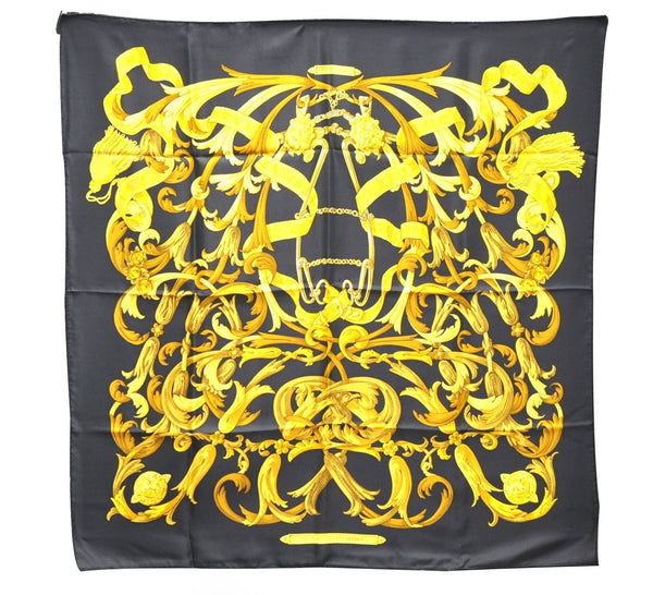 Authentic HERMES Carre 90 Scarf "LE MORS A LA CONETABLE" Silk Black 3961D