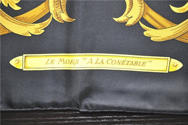 Authentic HERMES Carre 90 Scarf "LE MORS A LA CONETABLE" Silk Black 3961D