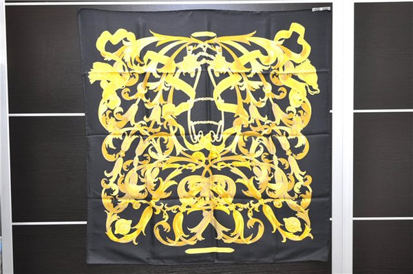 Authentic HERMES Carre 90 Scarf "LE MORS A LA CONETABLE" Silk Black 3961D