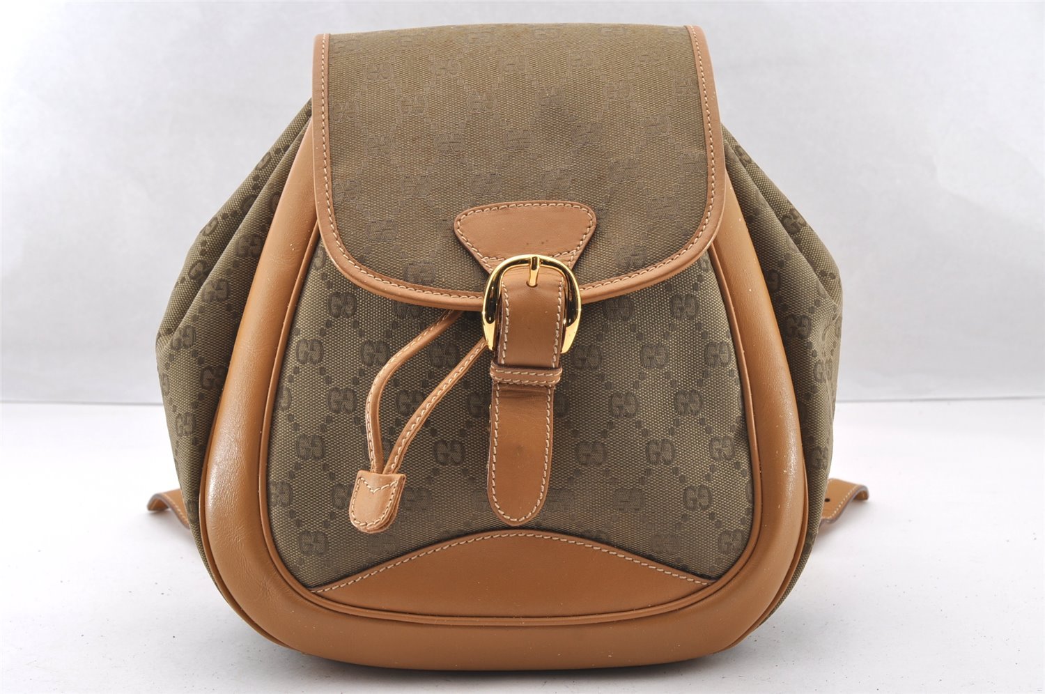 Authentic GUCCI Drawstring Backpack GG Canvas Leather Brown Junk 3961I
