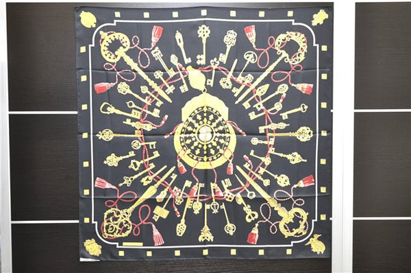 Authentic HERMES Carre 90 Scarf "LES CLES" Silk Black 3962D