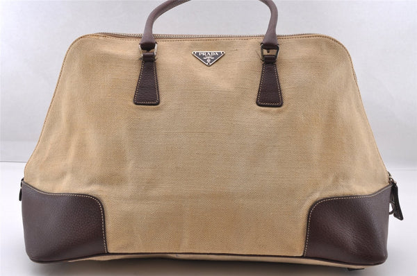 Authentic PRADA Vintage Canvas Leather Tote Hand Bag Beige 3973I