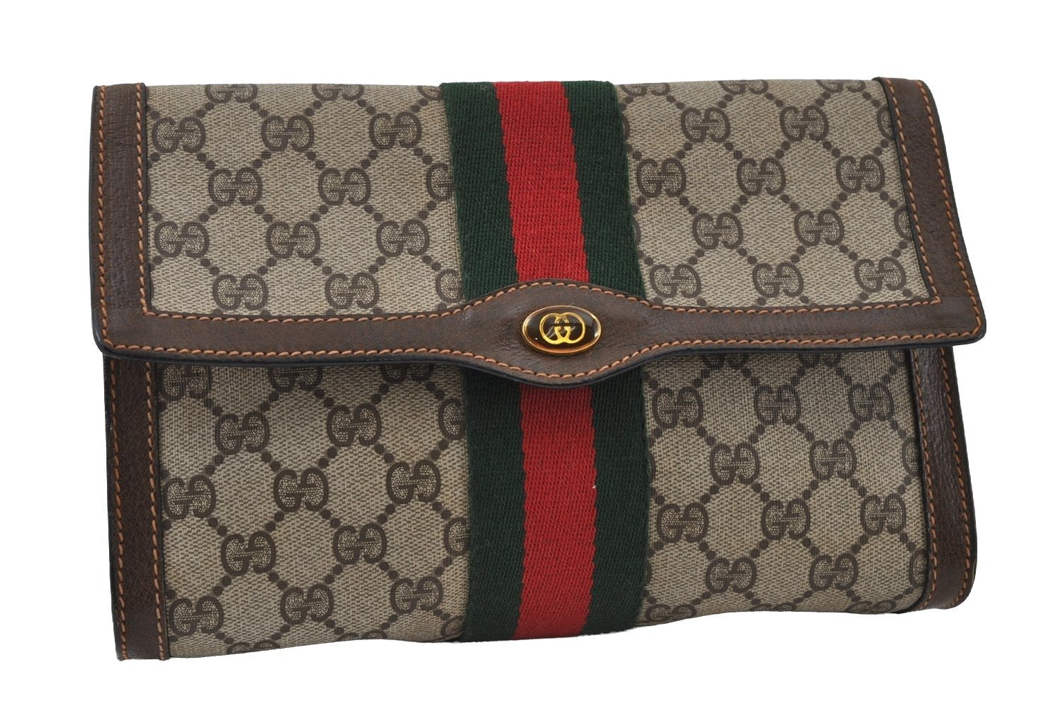 Authentic GUCCI Web Sherry Line Clutch Hand Bag GG PVC Leather Brown Junk 3977I