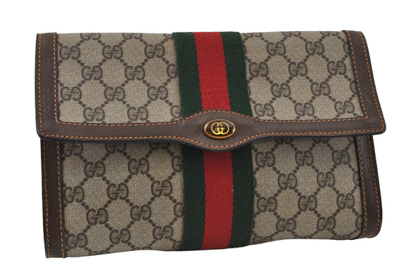 Authentic GUCCI Web Sherry Line Clutch Hand Bag GG PVC Leather Brown Junk 3977I