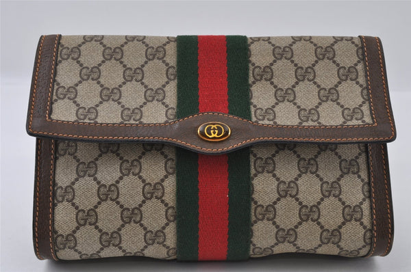 Authentic GUCCI Web Sherry Line Clutch Hand Bag GG PVC Leather Brown Junk 3977I