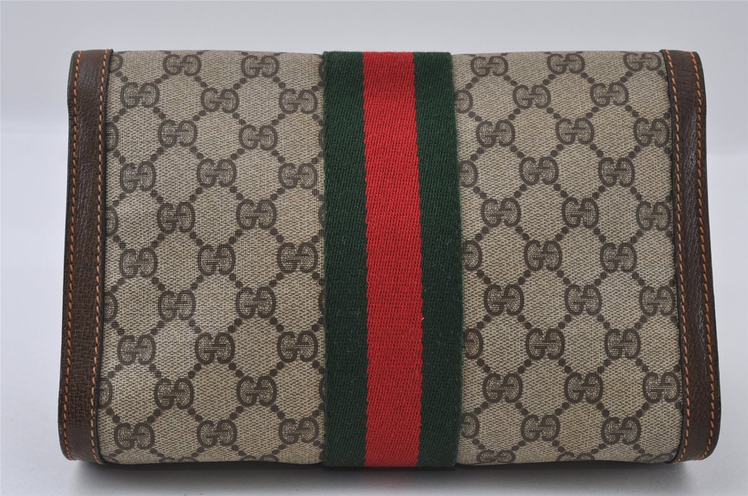 Authentic GUCCI Web Sherry Line Clutch Hand Bag GG PVC Leather Brown Junk 3977I