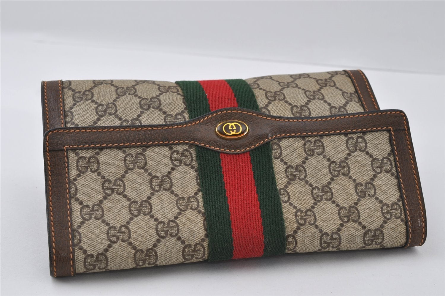 Authentic GUCCI Web Sherry Line Clutch Hand Bag GG PVC Leather Brown Junk 3977I