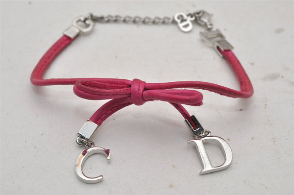 Authentic Christian Dior Chain Bracelet Silver Tone Leather Pink CD 3981I