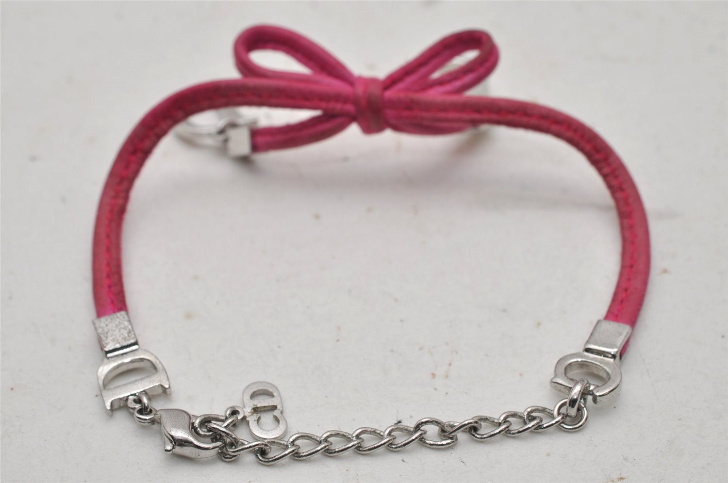 Authentic Christian Dior Chain Bracelet Silver Tone Leather Pink CD 3981I