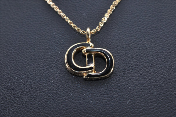 Authentic Christian Dior Gold Tone Chain Pendant Necklace Black CD 3985I