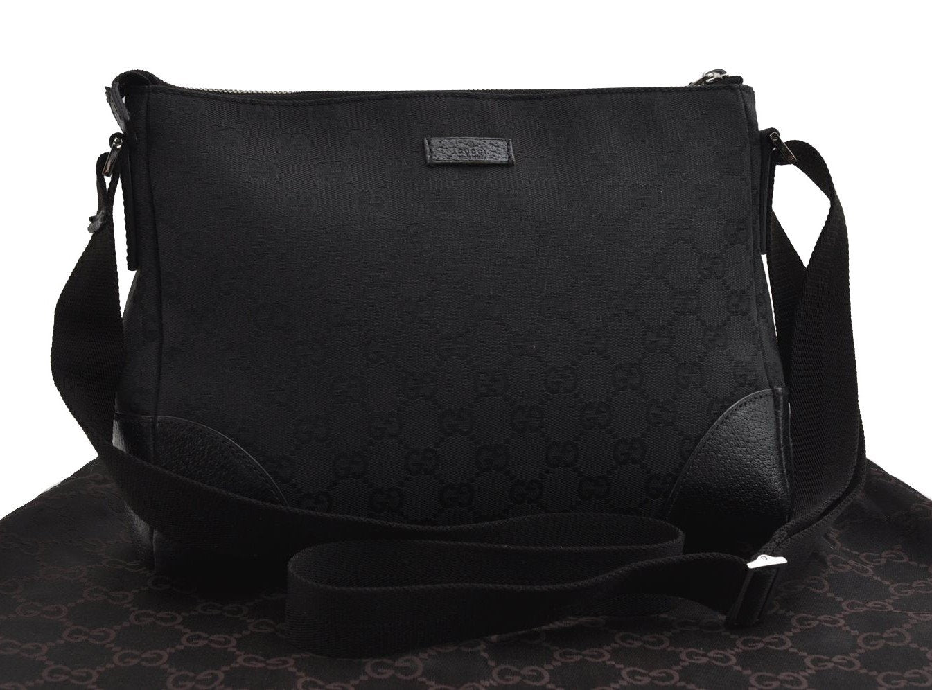 Authentic GUCCI Shoulder Cross Body Bag GG Canvas Leather 114273 Black 3996I