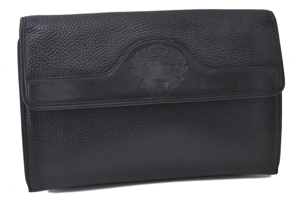 Authentic Burberrys Vintage Leather Clutch Hand Bag Purse Black 4001D