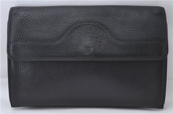 Authentic Burberrys Vintage Leather Clutch Hand Bag Purse Black 4001D