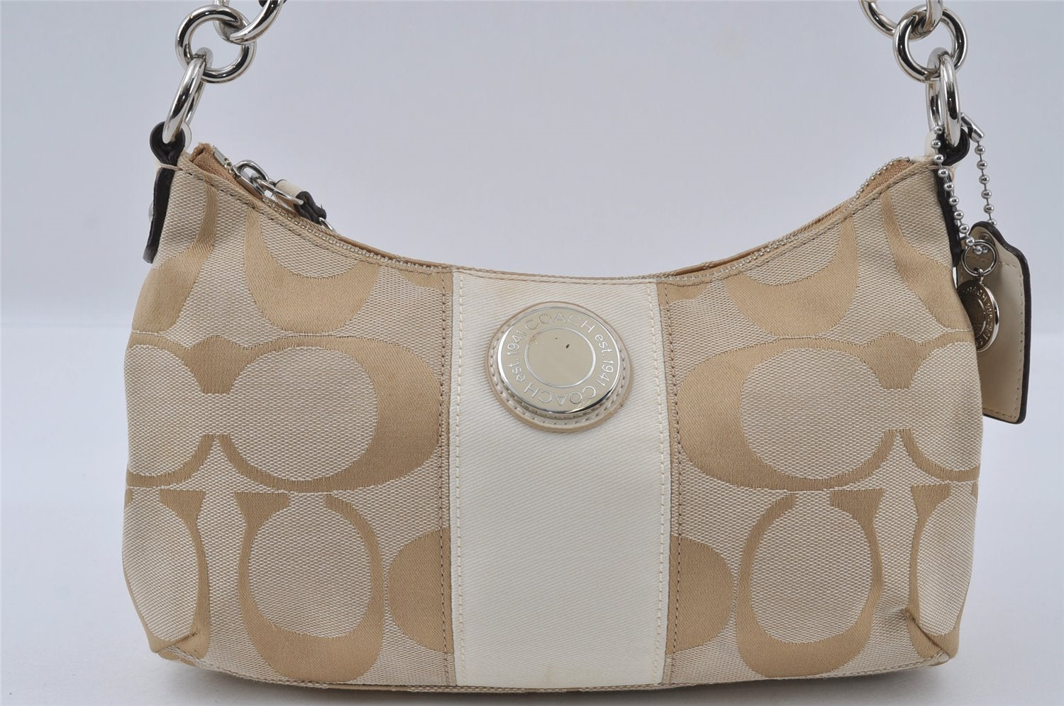 Authentic COACH Signature Shoulder Hand Bag Canvas Enamel F19218 Beige 4009I