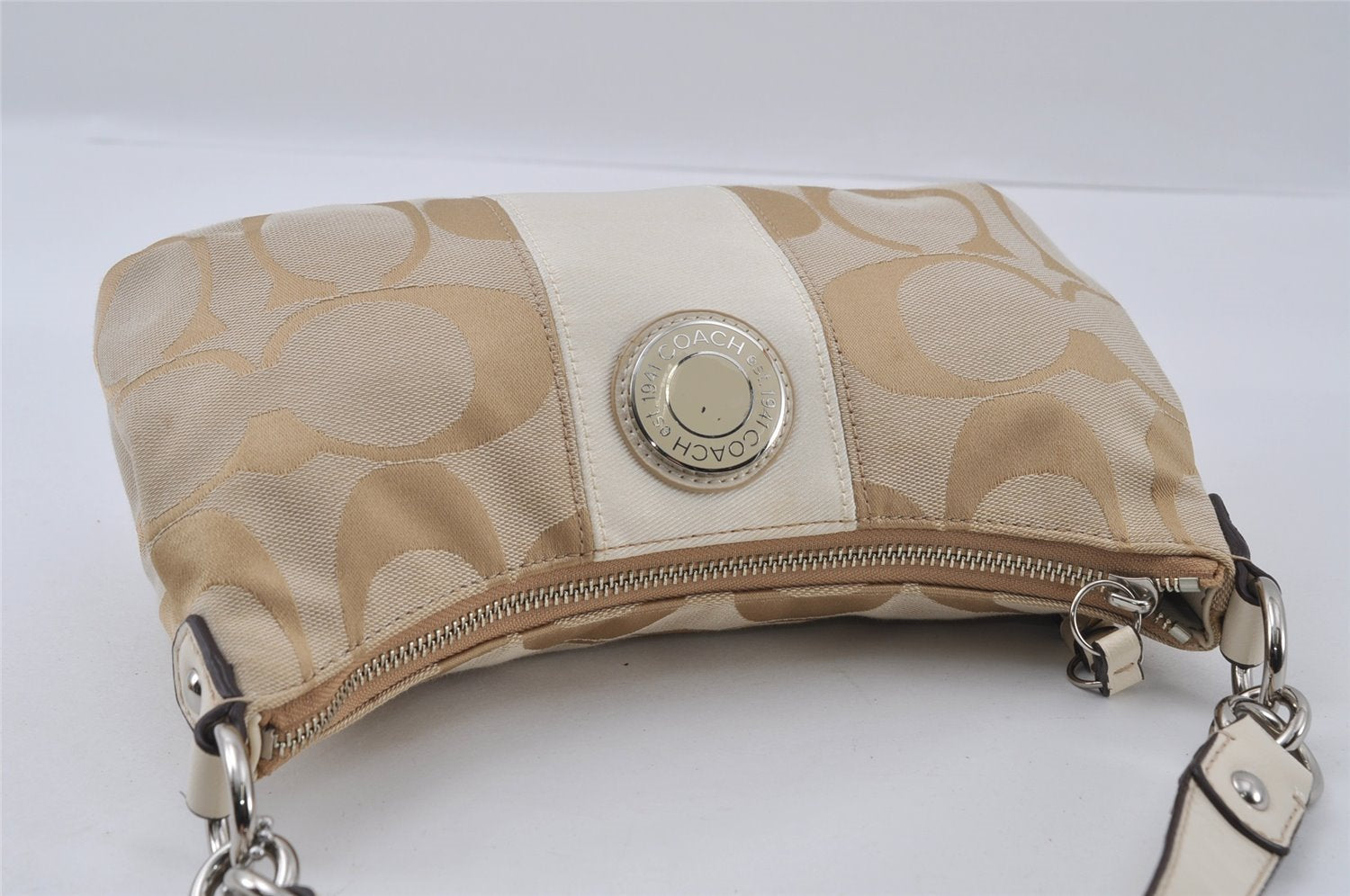 Authentic COACH Signature Shoulder Hand Bag Canvas Enamel F19218 Beige 4009I