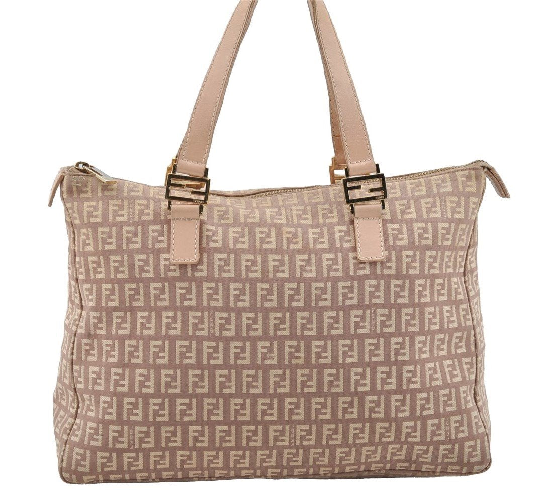Authentic FENDI Zucchino Shoulder Hand Tote Bag Canvas Leather Pink 4028I