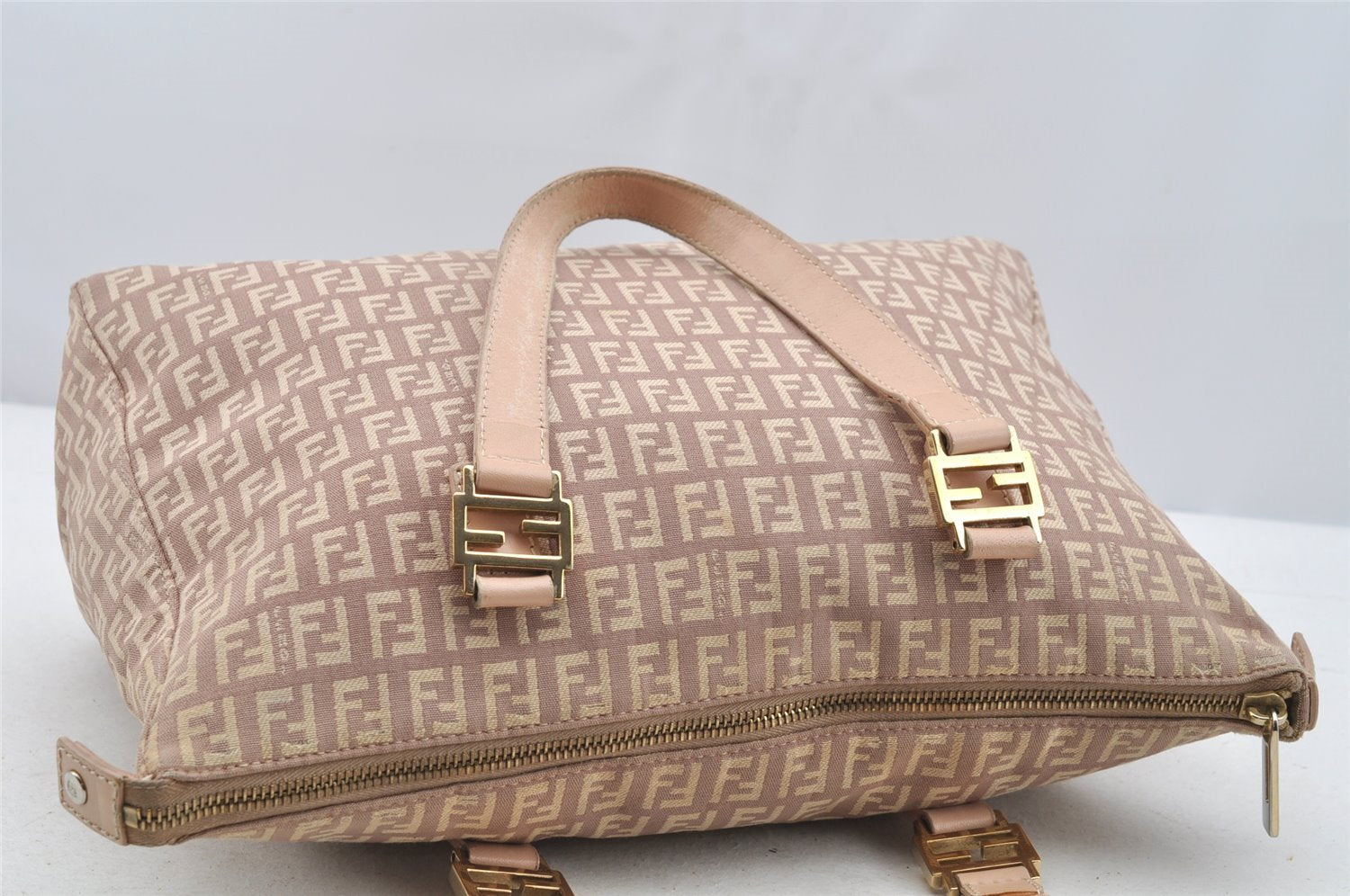 Authentic FENDI Zucchino Shoulder Hand Tote Bag Canvas Leather Pink 4028I
