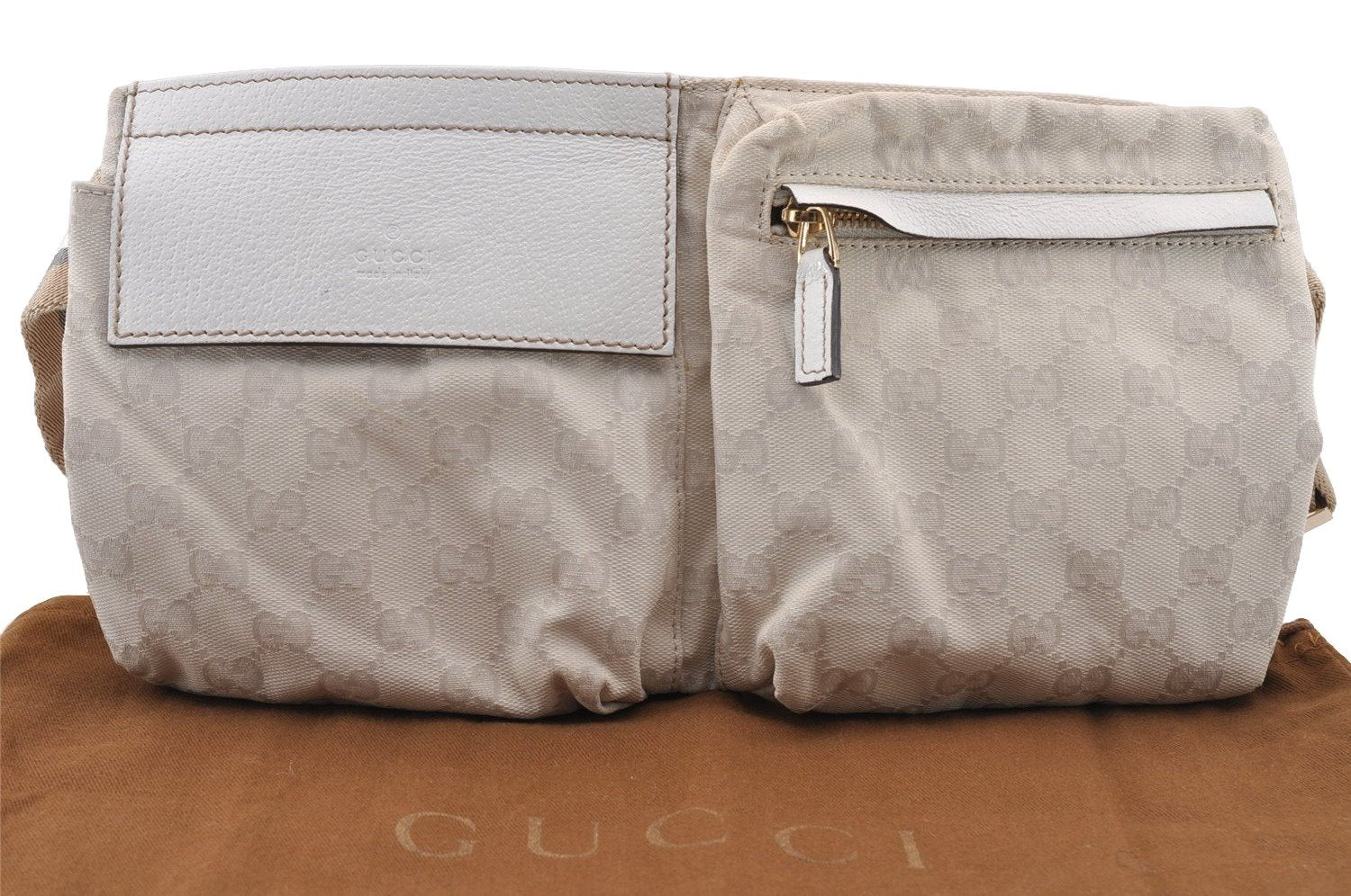 Authentic GUCCI Vintage Waist Body Bag Purse GG Canvas Leather 28566 White 4029I
