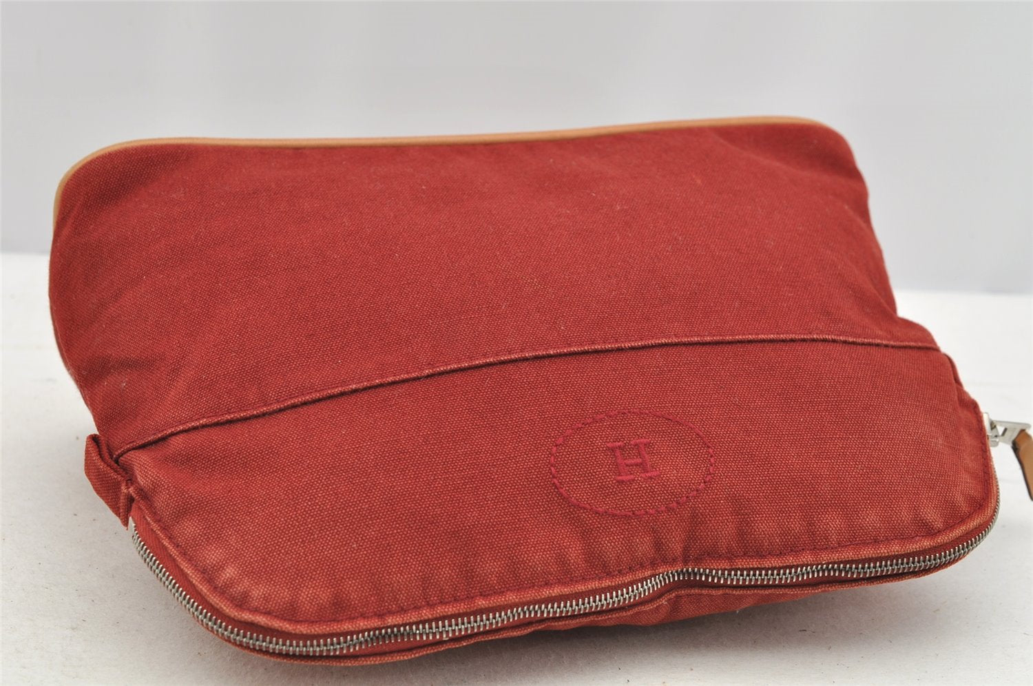 Authentic HERMES Bolide 25 Pouch Cosmetic Purse Canvas Cotton Leather Red 4043I