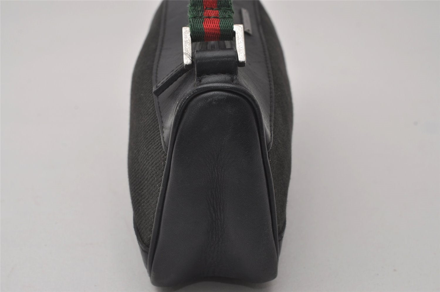 Authentic GUCCI Web Sherry Line Hand Bag Pouch Canvas Leather 92820 Black 4062I