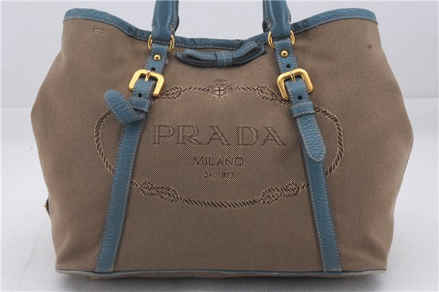 Authentic PRADA Canvas Leather Logo Jacquard Hand Bag Brown Blue 4065D