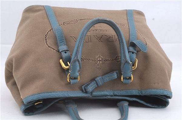 Authentic PRADA Canvas Leather Logo Jacquard Hand Bag Brown Blue 4065D