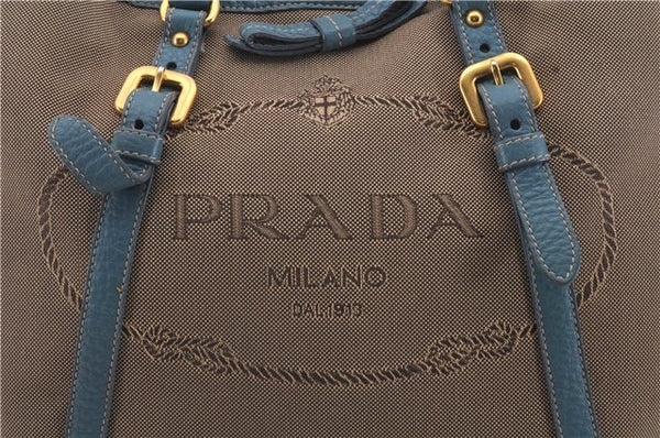 Authentic PRADA Canvas Leather Logo Jacquard Hand Bag Brown Blue 4065D