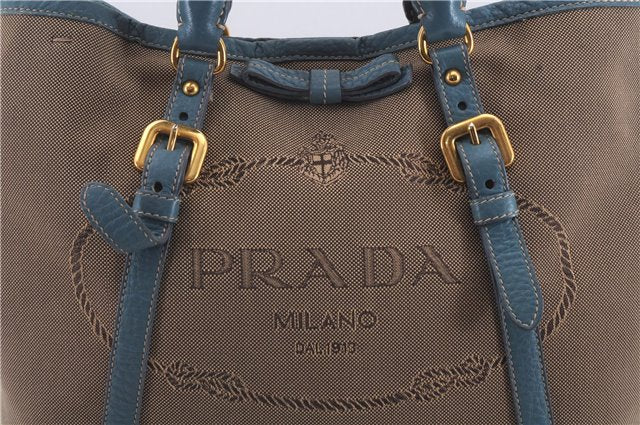 Authentic PRADA Canvas Leather Logo Jacquard Hand Bag Brown Blue 4065D