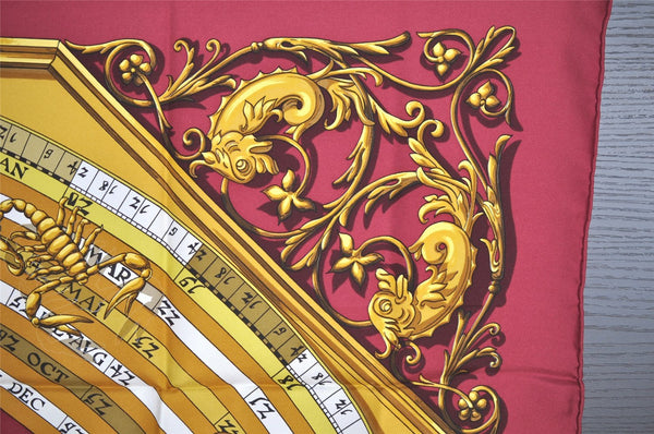 Authentic HERMES Carre 90 Scarf "DIES ET HORE" Silk Bordeaux Red 4068I