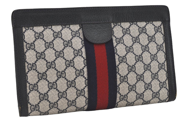 Authentic GUCCI Sherry Line Clutch Hand Bag Purse GG PVC Leather Navy Blue 4084I