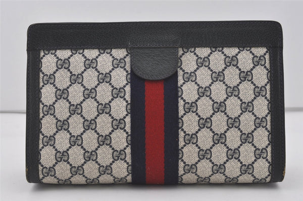 Authentic GUCCI Sherry Line Clutch Hand Bag Purse GG PVC Leather Navy Blue 4084I